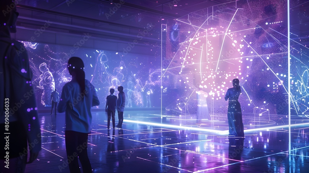 Aufkleber futuristic telepathy experiment in high-tech laboratory with participants connected by ethereal