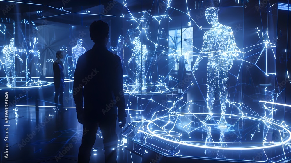 Poster futuristic telepathy session in high-tech research laboratory with luminous neural connections and
