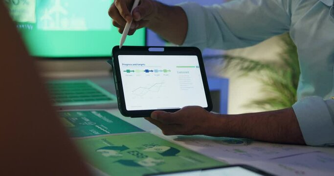 Closeup group Asia businesspeople talk ESG strategies risk management workshop night, SDGs, global warming, green finance and investment and net zero waste lifestyle in boardroom training building.