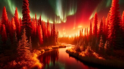 Warm Red Northern Lights in a Coniferous Forest