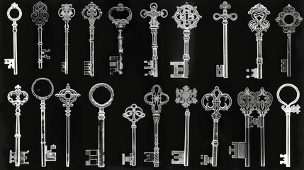 Historical Keys of Europe X-ray, X-ray images of a curated selection of European historical keys from various eras, each telling a story through its design, presented on black
