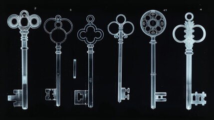 Historical Keys of Europe X-ray, X-ray images of a curated selection of European historical keys from various eras, each telling a story through its design, presented on black