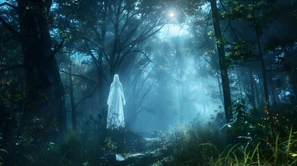 Ethereal Spirit Ascending Through Mystic Forest in Moonlight