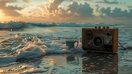 An old wooden boat rests on a peaceful lake at sunset, with colorful clouds streaking across the vibrant summer sky