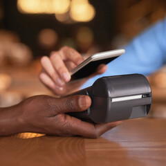 Customer, payment and POS with phone in hands of person in coffee shop with easy fintech machine for shopping. Cashless, smartphone and client with cashier to process online transaction in business