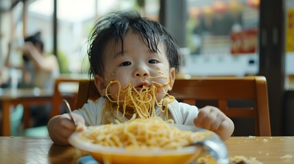 Cheerful Asian Toddler Indulging in Spaghetti Mealtime