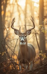 Deer antlers against the backdrop of dappled sunlight filtering through the trees