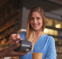 Cafe, POS and payment on credit card with woman in coffee shop and easy fintech machine for...