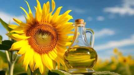 Lone sunflower head against a bright blue sky, and a glass bottle of freshly pressed sunflower oil stands elegantly next to it