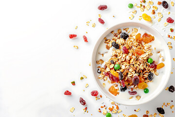 muesli with dried fruits and milk, on a white background