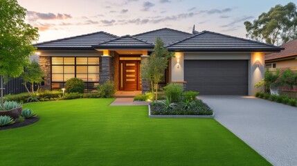 Landscaped cottage surrounded by bright green lawn