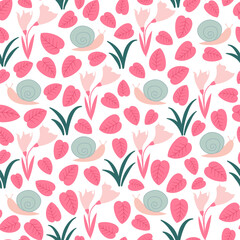 Cute cartoon hand drawn seamless vector pattern illustration with snail, pink flowers and leaves, green grass on white background