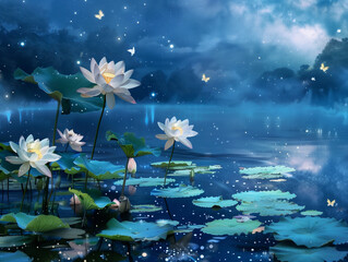 Fototapeta na wymiar A painting of pond with beautiful water lilies under serene night sky 
