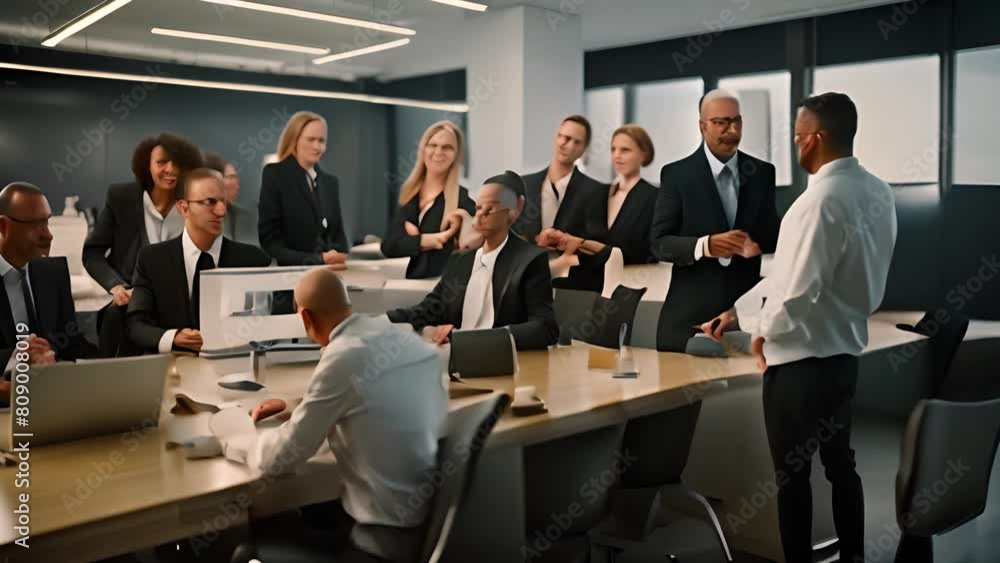 Poster group of people standing around conference table generative ai
