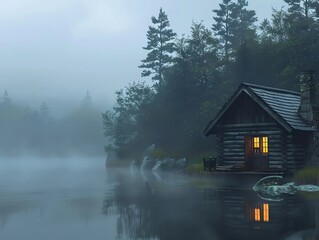 Small cabin on a misty lakeshore, ideal for writing and meditating in peaceful isolation