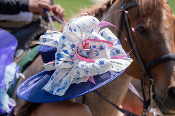 A women's fashionable hat is worn at a horse race