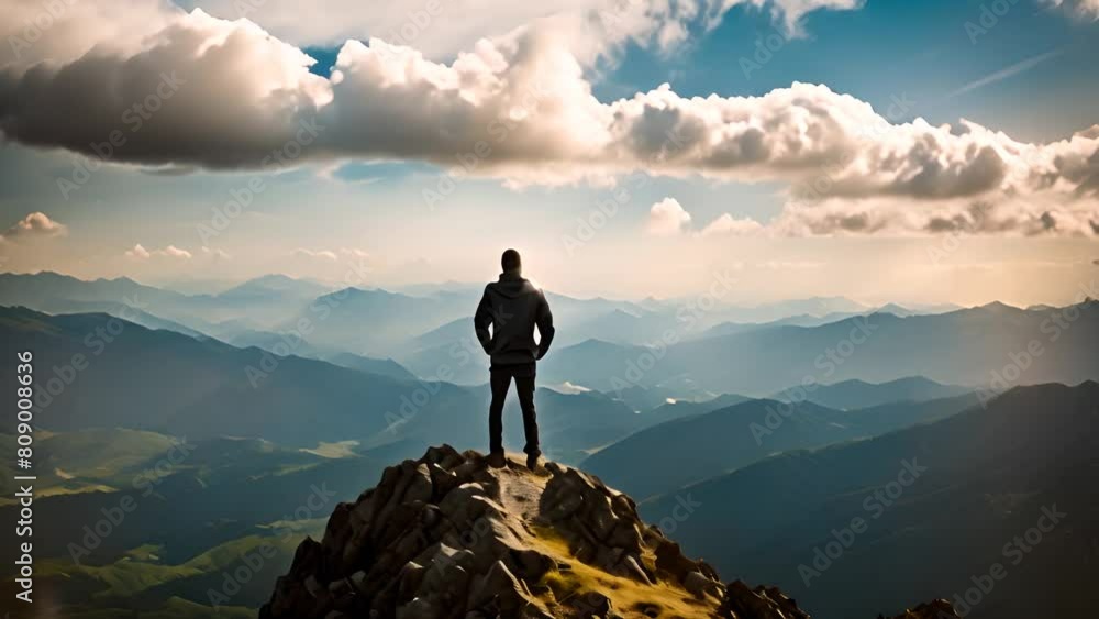 Poster man standing on top of mountain generative ai