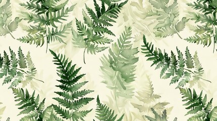 Gentle watercolor pattern featuring green ink blending with oil-painted fern leaves, offering a fresh and elegant botanical theme