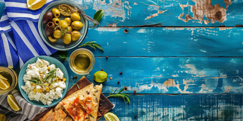 Greek food and flag on a blue background. Typical mediterranean dishes in Greece. Olive, olive oil, feta cheese, salad, fresh vegetables, herbs. Food menu, copy space design.