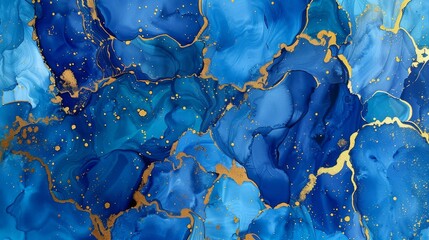Handmade abstract art of blue and gold spots, ink stains blending together seamlessly, highlighted by deep blue veins