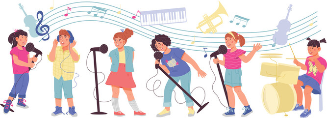 Banner with children playing musical Instruments and singing songs. Kids orchestra or band, music education for children and karaoke concept.