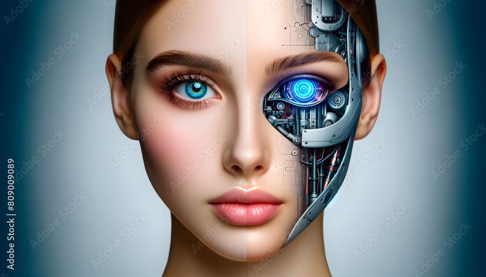 Poster a split representation of a human and a robot. the left side features a realistic human face with na