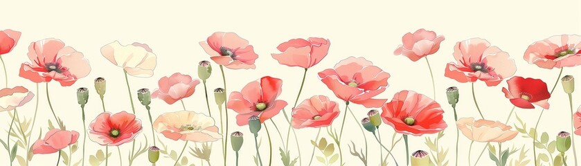 watercolor pastel poppy flowers pattern frame with copy space.