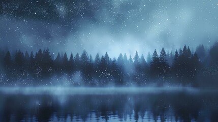 Dark fantasy winter forest. Night landscape with trees, fog, moon and rays of light. Winter background