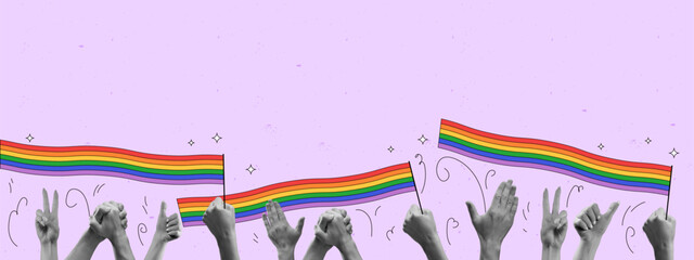 Diverse range of hands come together with rainbow string rainbow against pink background. Contemporary art. Spirit for acceptance of LGBT community. Equality, pride month, support, love, human rights