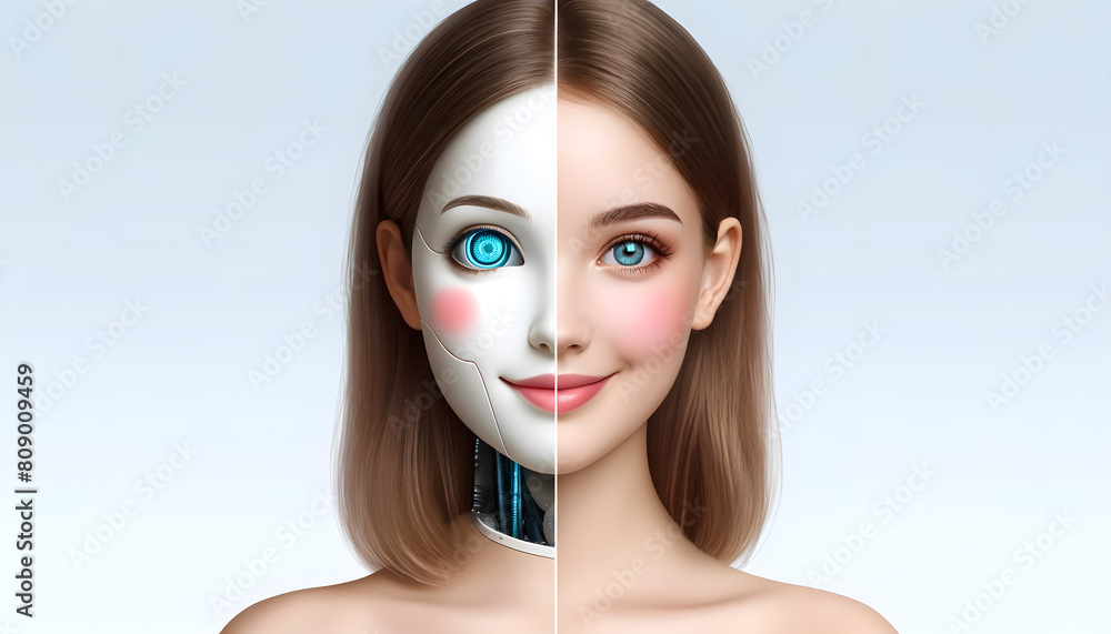 Poster a split representation of a human and a robot. the left side features a realistic human face with na
