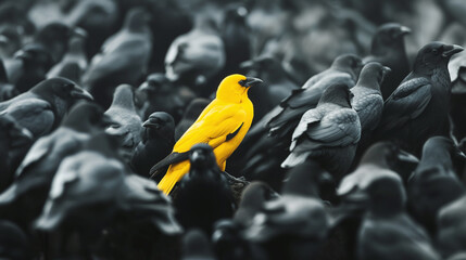 Corvo amarelo em meio a uma multidão de corvos pretos - wallpaper HD