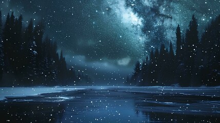 Dark fantasy winter forest. Night landscape with trees, fog, moon and rays of light. Winter background