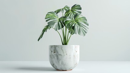 Monstera plant, houseplant in pot on white marble table with copy space