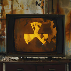 nuclear symbol, representing danger and risk, displayed on a television screen, old tv set