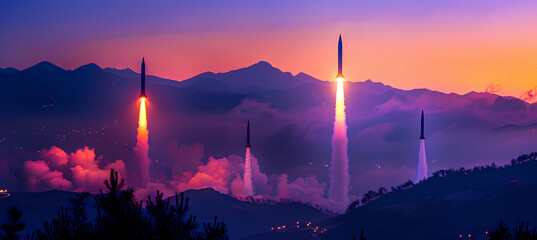 multiple missiles in the sky at sunset, with silhouettes of mountains and trees below. The background is a gradient from blue to purple to orange, creating an atmosphere reminiscent of war or conflict - Powered by Adobe