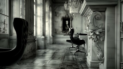 Black white of grand hall ornate columns, coffered ceiling, marble floor, hall furnished two armchairs fireplace, marble floor armchair fireplace black - Powered by Adobe