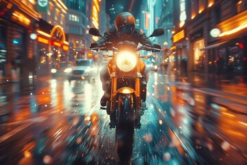 A spectacular perspective of a biker zooming towards the viewer on a wet city road, vividly depicting motion and city life
