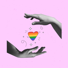 Monochrome hands and rainbow color hear shape against pink background. Contemporary art collage. Unity in love. LGBT, equality, pride month, support, love, human rights concept