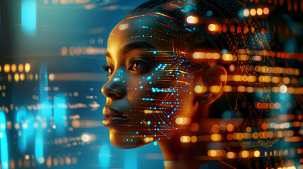 portrait of a woman with an AI background. AI portrait concept. Side profile portrait of a black female with a tech pattern overlay, portraying a cyber security analyst of artificial intelligence.