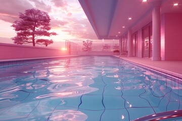 An inviting indoor pool with vibrant reflections and sunset view through the expansive windows...