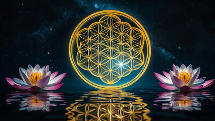 Loy Krathong festival with colorful candles light and full moon in Thailand background. Floating ritual banana leaves vessel lamp and lotus flower into the
