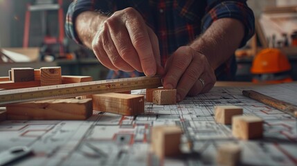 Intimate view of an engineer's hand using a ruler for measurements on a blueprint, wooden blocks and scattered papers nearby