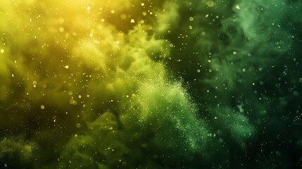 Intense close-up of green and yellow dust bursting into sparkling clouds, particles floating in vivid studio light, isolated