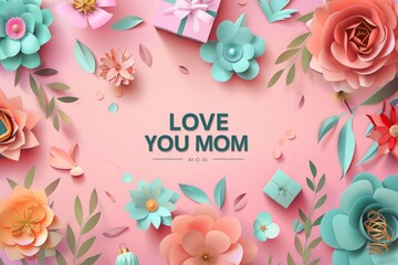 Happy Mother's Day background with paper cut out flowers and presents on a pink background with the text "I LOVE YOU MOM" in the middle of the design. Greeting card, invitation or poster template