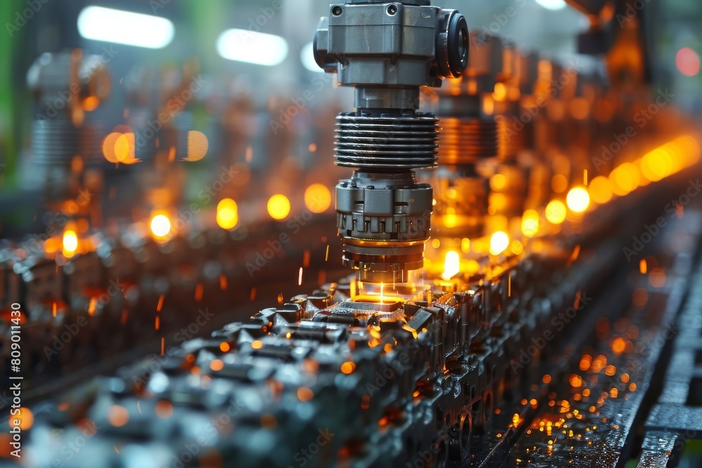 Poster a vibrant image showcasing mechanical parts illuminated with an intense orange glow in a modern fact