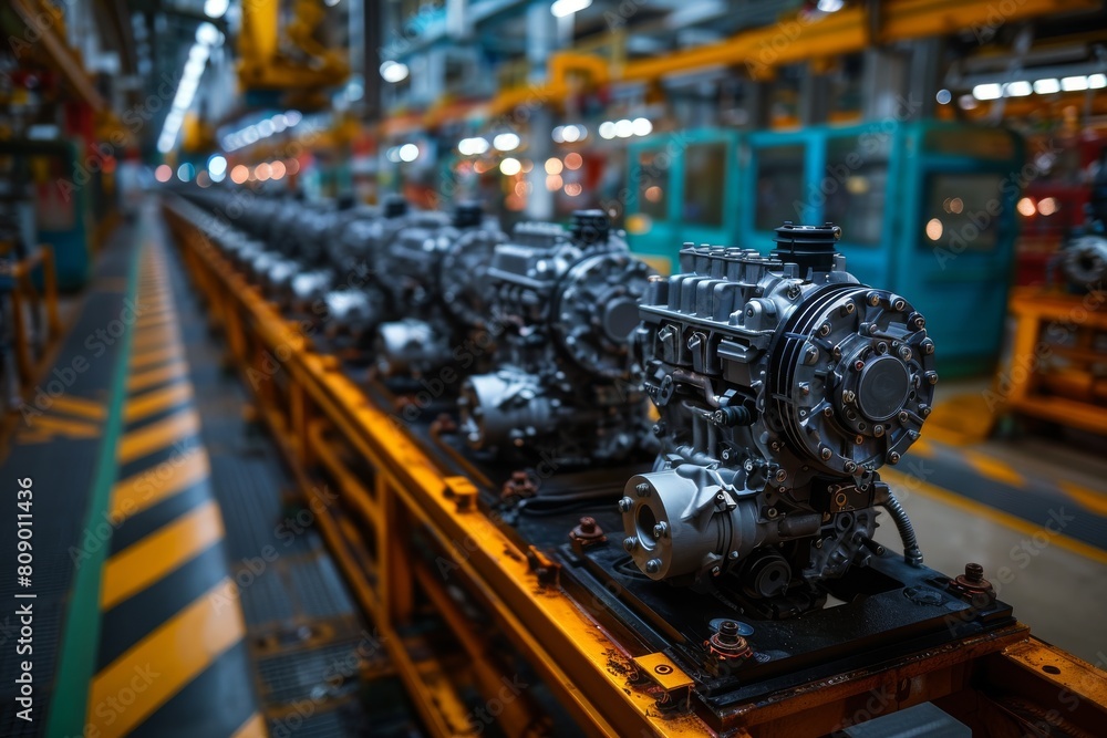 Poster rows of complex engines on production line in industrial setting