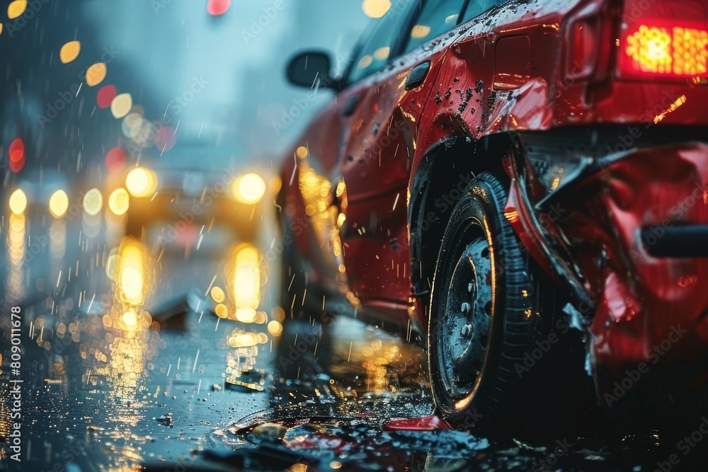 Poster a vivid image of a red car's rear under rainfall with city lights creating a bokeh effect in the bac