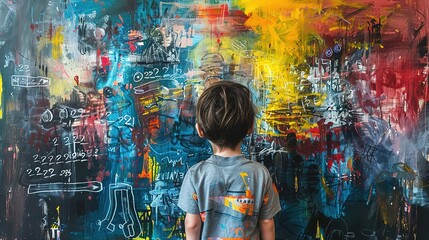 artful graffiti style illustration, a boy dream and hope concept, young child with messy grungy wall, Generative Ai