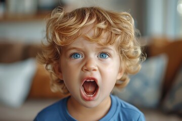 Cute toddler with big blue eyes and curly hair expressing shock with a wide open mouth