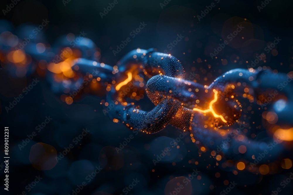 Poster artistic macro shot of a glowing chain link with bokeh effect in a dark, moody setting